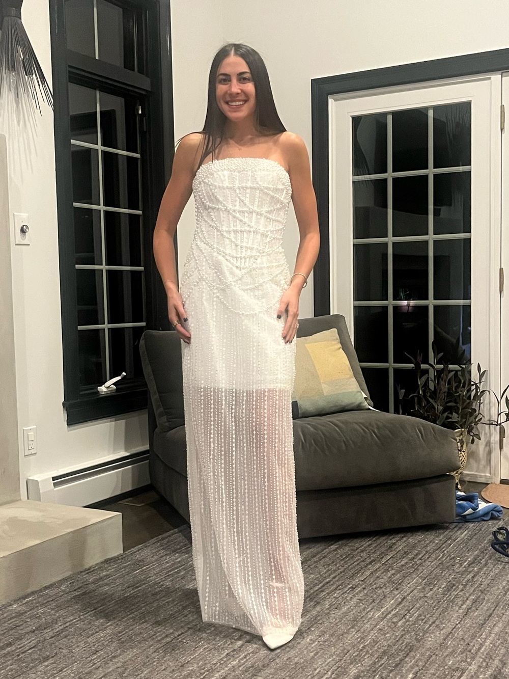 Strapless White Beaded Evening Dress